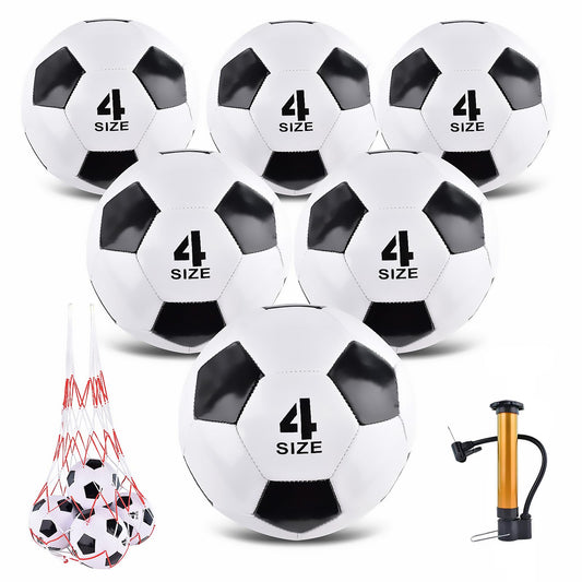 ELKCIP 6 Pack Classic deflated Soccer Balls Size 3/4/5 with Pump and Mesh Bag for Indoor Outdoor Lawn Game Training Practice Bulk Sport Gift for Teens Adults Black Size 4