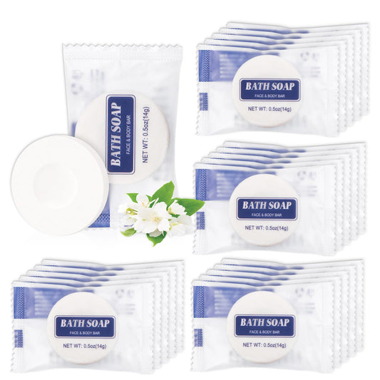 SLequipo 120 Pcs 0.5 oz Hotel Bar Soap Bulk Travel Mini Soaps Small Bath Soap Round Amenities and Toiletries Individually Wrapped Soaps for Guest Bathroom Hotels(Round)